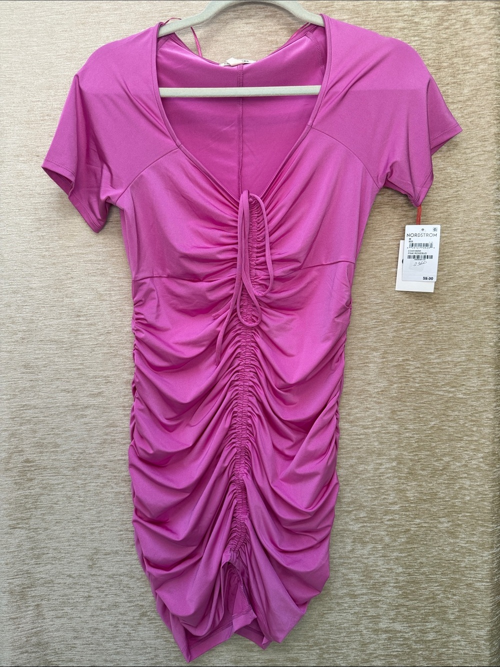 BNWT Nordstrom Fuchsia Pink Rosebud Ruched V-Neck Dress